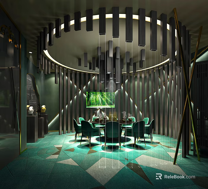 Elegant Private Dining Box With Green Chairs Round Table Striped Walls And Geometric Carpet 3d model 