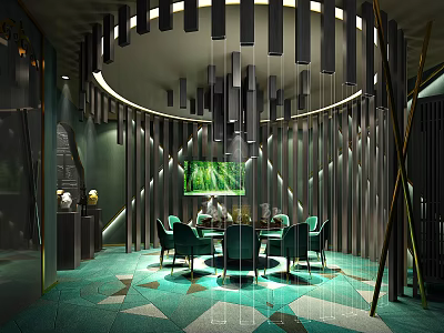 Elegant Private Dining Box With Green Chairs Round Table Striped Walls And Geometric Carpet 3d model