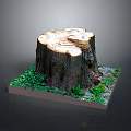 Natural Wooden Stump with Growth Rings and Green Foliage on Stone Base