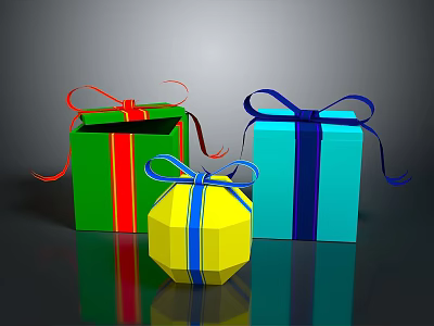 Colorful Gift Boxes With Open Green Box Blue Package Yellow Octagonal Present And Ribbons 3d model