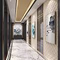 Modern Entryway Hallway Interior Design With Marble Floor Decorative Paintings Metal Frames And Lighting Design