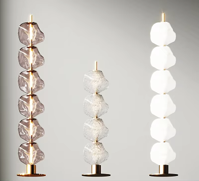 Three Modern Floor Lamps With Stacked Geometric Shapes In Smoky Crystal And White Glass 3d model