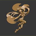 3D Rendered Golden Female Character With Dynamic Pose Flowing Hair And Decorative Wings