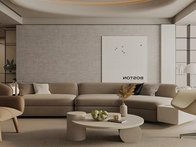 Modern Living Room Interior With Beige Sectional Sofa Round Coffee Table Decorative Painting And Potted Plants 3d model