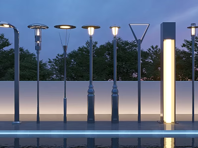 Modern Outdoor Lights in Various Stylish Designs Illuminating Evening Garden Landscape 3d model
