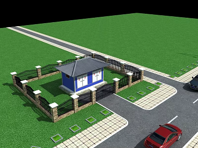 Small Blue House With Gray Roof Black Iron Fence Green Lawn And Paved Road 3d model