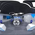 Modern Control Room Interior With Curved Consoles Multiple Monitors And Blue Chairs