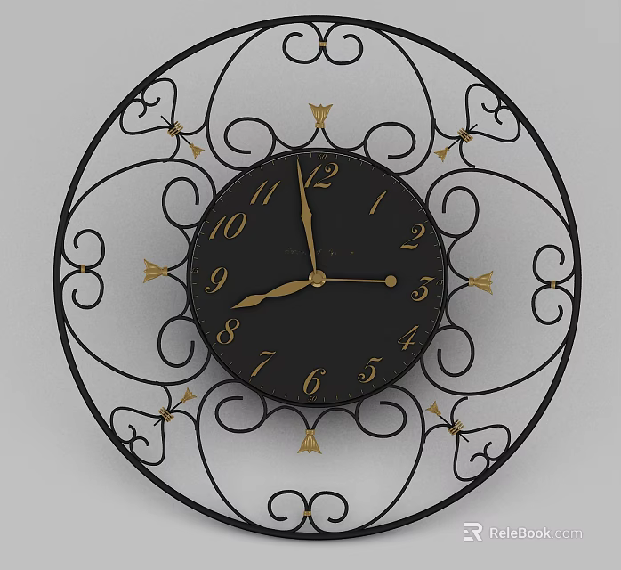 Decorative Wrought Iron Wall Clock With Black Dial And Gold Accents 3d model 