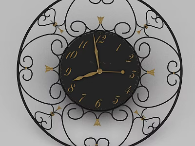 Decorative Wrought Iron Wall Clock With Black Dial And Gold Accents 3d model