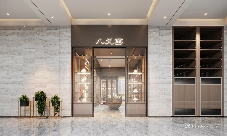 Elegant Modern Specialty Store with Glass Doors Marble Walls and Display Cabinets 3d model 