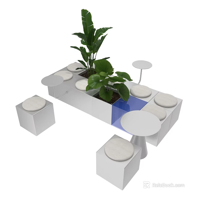 White Modular Public Chairs With Green Plants And Small Round Tables 3d model 