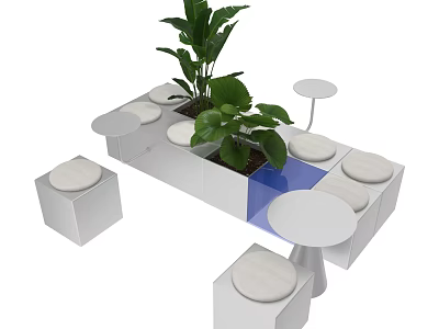 White Modular Public Chairs With Green Plants And Small Round Tables 3d model