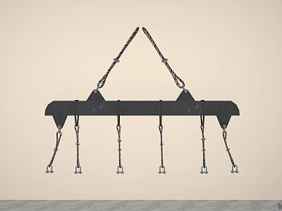 Black Metal Hanging Hook Rack With Multiple Hooks And Rope Attachments 3d model