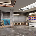Open Kitchen Restaurant Interior With Marble Columns Food Display Counters And Menu Boards 3d model