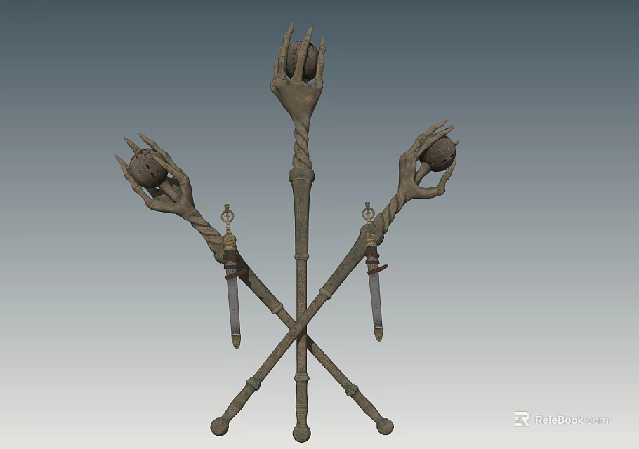 Metal Garden Ornament With Crossed Clawed Hands Holding Spheres And Sword Shaped Decorations 3d model 
