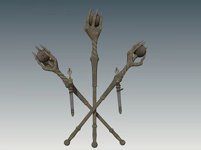 Metal Garden Ornament With Crossed Clawed Hands Holding Spheres And Sword Shaped Decorations 3d model