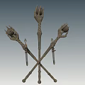 Metal Garden Ornament With Crossed Clawed Hands Holding Spheres And Sword Shaped Decorations
