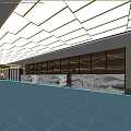 Front Desk Reception in Modern Lobby With Marble Countertop Geometric Pattern Wall And Ceiling Lights