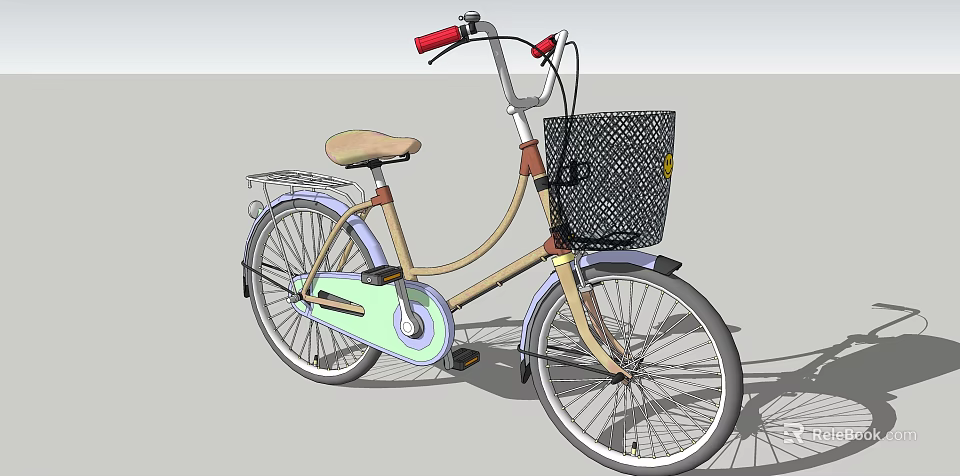 Vintage Style Bicycle With Red Handlebars Beige Seat And Black Mesh Basket 3d model 