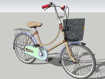 Vintage Style Bicycle With Red Handlebars Beige Seat And Black Mesh Basket 3d model