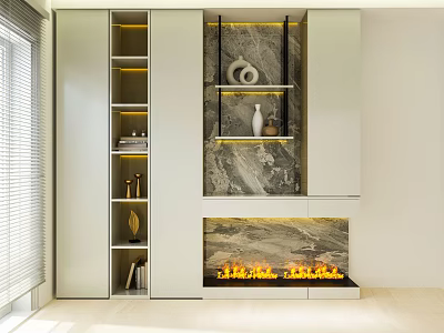 Modern Layered Storage Shelf Cabinet With LED Lighting Marble Backdrop And Decorative Items 3d model
