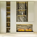 Modern Layered Storage Shelf Cabinet With LED Lighting Marble Backdrop And Decorative Items