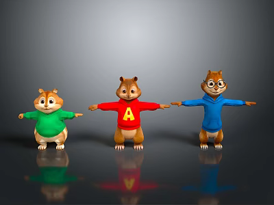 Cute Game Movie Chipmunk Characters In Green Red Blue Sweaters With Letter A On Chest 3d model