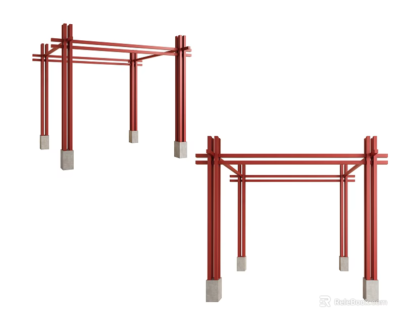 Red Steel Structural Components With Support Columns And Concrete Bases 3d model 