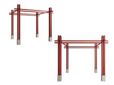 Red Steel Structural Components With Support Columns And Concrete Bases 3d model