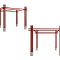 Red Steel Structural Components With Support Columns And Concrete Bases