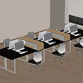 Modern Office Workspace With Glass Desks Computers Wooden Dividers And White Chairs
