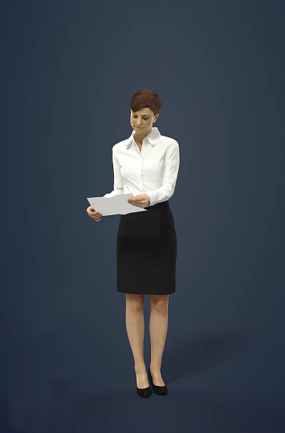 Woman Standing In White Shirt And Black Striped Skirt Holding Paper On Dark Blue Background 3d model