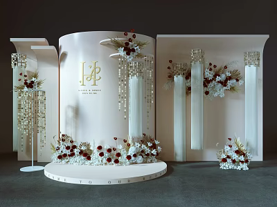 Elegant Wedding Decor Stage With Round Platform Gold Initials Pearl Curtains And Floral Arrangements 3d model