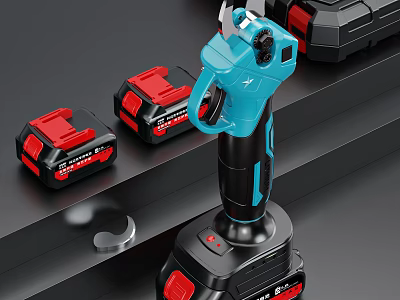 Cordless Power Tool With Blue Body And Red Batteries 3d model