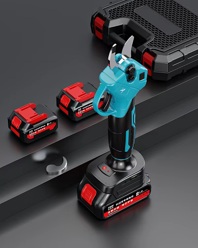 Cordless Power Tool With Blue Body And Red Batteries 3d model