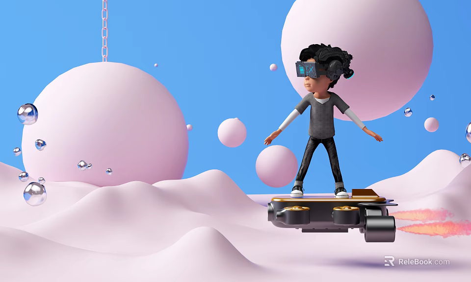 Cartoon Character Wearing VR Goggles Riding Hoverboard In Blue Sky With Pink Spheres And Hills 3d model 