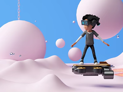 Cartoon Character Wearing VR Goggles Riding Hoverboard In Blue Sky With Pink Spheres And Hills 3d model