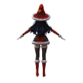 Woman in red and black Christmas costume with Santa hat and white fur trim