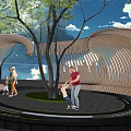 Modern Pergola With Curved Wooden Slats Surrounded By Trees In Outdoor Space