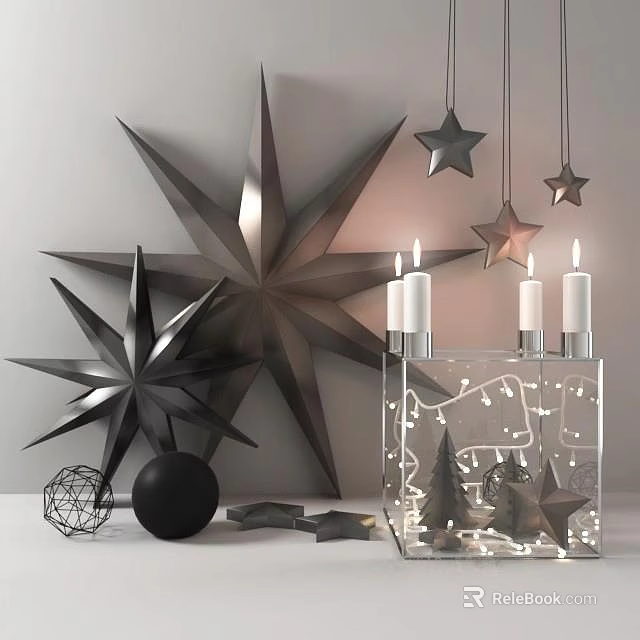 Decorative Ornament Set Including Metallic Star Shapes Hanging Stars Candles and Transparent Container 3d model 