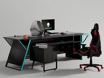 Modern Gaming Desk With Alienware Monitor Ergonomic Chair RGB Lighting And Books 3d model