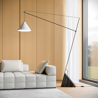Sleek Floor Lamp in Modern Living Room with Wooden Walls and White Sofa 3d model