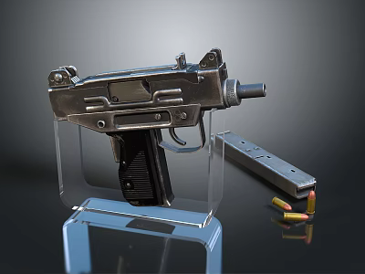 Silver Pistol on Transparent Display Stand with Magazine and Bullets 3d model
