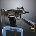 Silver Pistol on Transparent Display Stand with Magazine and Bullets