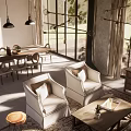 Spacious Open Living Dining Room With Wooden Ceiling Beams Fireplace And Large Windows