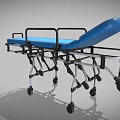 Blue Medical Stretcher with Black Handles and Wheeled Metal Frame for Hospital Transport