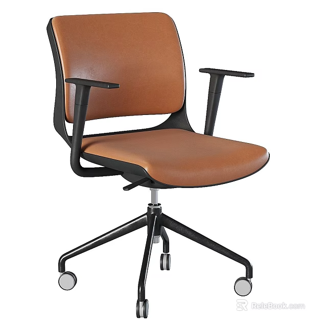 Modern Office Desk and Chair Set with Brown Leather Wheeled Chair and Black Frame 3d model 