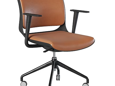 Modern Office Desk and Chair Set with Brown Leather Wheeled Chair and Black Frame 3d model