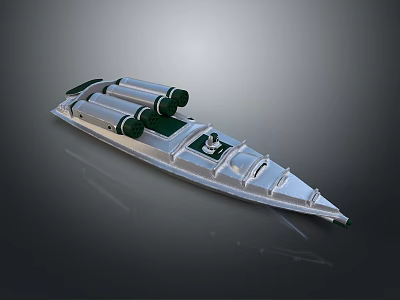 Silver Speed Boat With Two Cylindrical Engines Green Seats And Streamlined Design 3d model