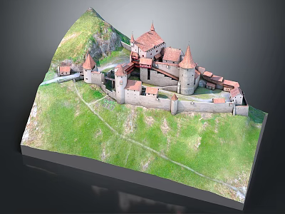 Cartoon Castle Scene on Green Hills with Red Roofs and Medieval Towers 3d model